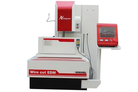 Wire cut EDM machine with control panel and cutting bed for precision machining of conductive materials.