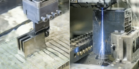 Wire EDM machining process with thin electrode wire cutting through steel block with precision sparks.