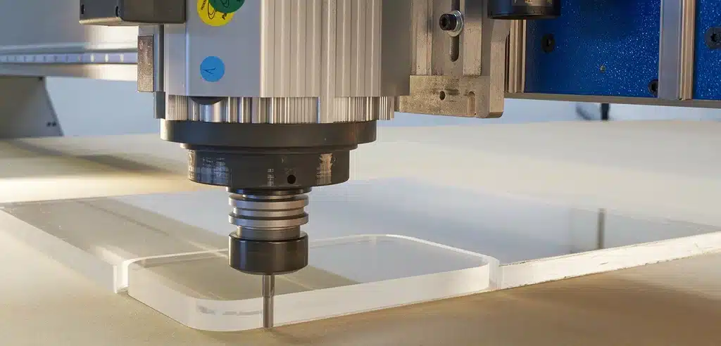 CNC router cutting transparent acrylic using vacuum table holding