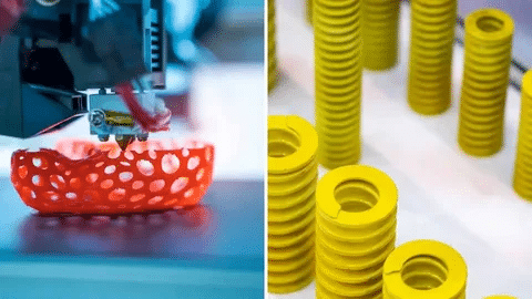 Red 3D printed object compared with yellow injection molded rings