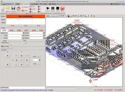 Open-source CNC control software bCNC managing toolpath for circuit board