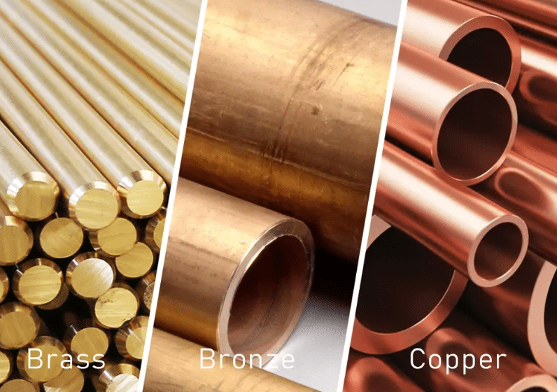 Visual comparison of brass, bronze, and copper showing differences in color and texture