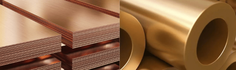 Bronze and copper sheets and pipes showing distinct color differences for manufacturing