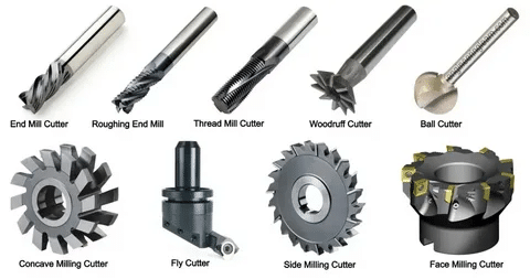 Various types of CNC milling cutters including end mill, fly cutter, and face mill