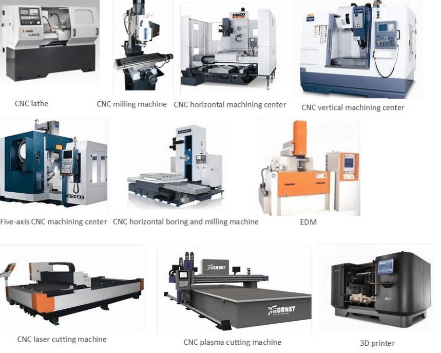 Common types of CNC machines including lathe, milling, EDM, and 3D printer.