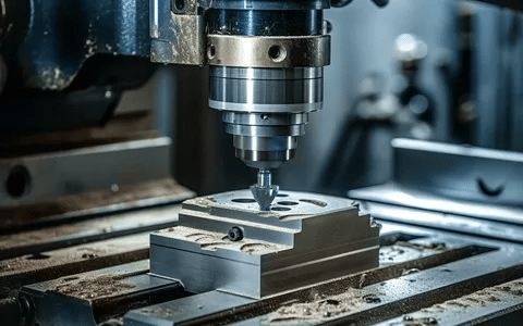 Vertical CNC milling machine shaping a precision component from metal