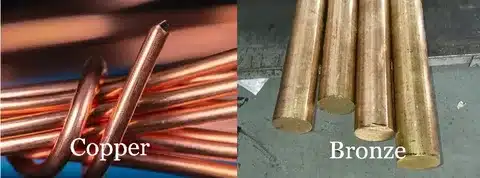 Side-by-side image of copper wire and bronze bar showing visual color contrast
