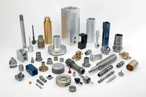 Collection of CNC machined metal parts in different shapes and sizes.