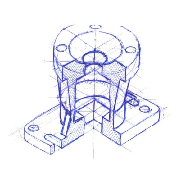 Hand-drawn technical sketch of exploded mold assembly in cutaway view