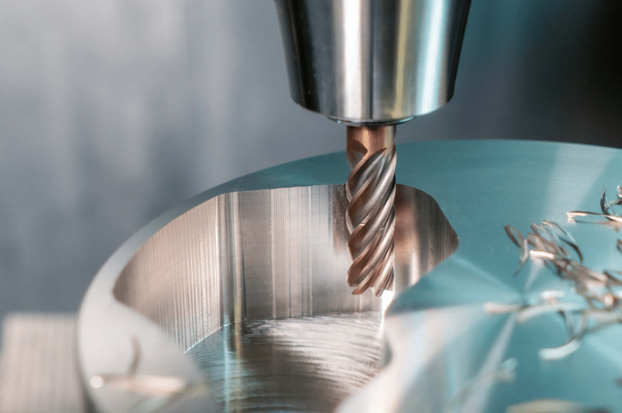 End mill machining a smooth contoured surface on stainless steel
