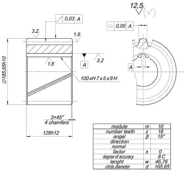 Technical drawing of gear mold component with 15 degree draft angle and chamfers