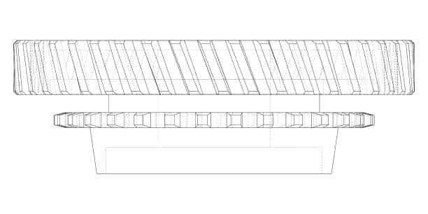 CAD side view showing helical gear draft angles and ejection slope