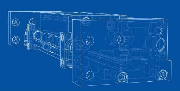 3D blueprint of injection mold structure highlighting internal component layout