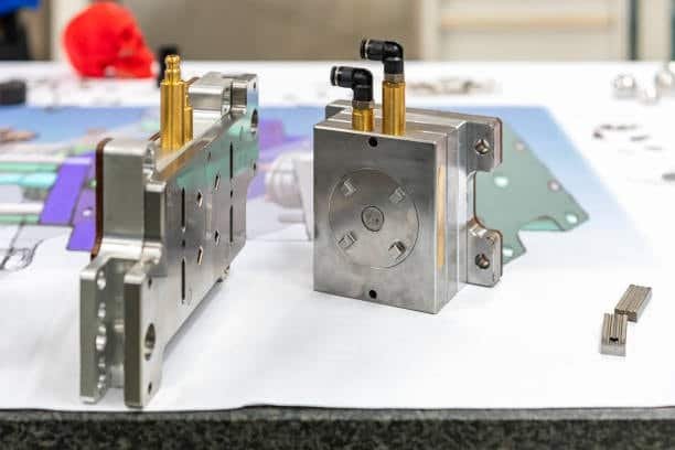 Injection mold core and cavity with integrated cooling system and fittings