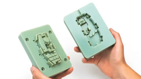 Two halves of a prototype injection mold made for short-run production