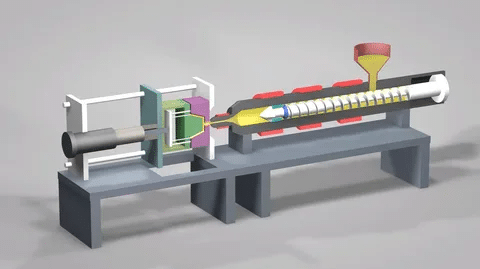 Injection molding machine diagram with hopper, barrel, molten plastic, and mold.