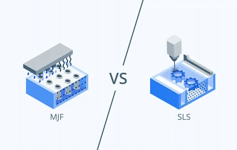 Isometric diagram comparing MJF and SLS 3D printing process mechanisms