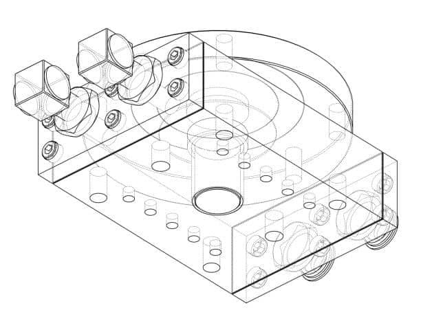 Transparent CAD drawing of mold base plate showing core and cooling channel layout