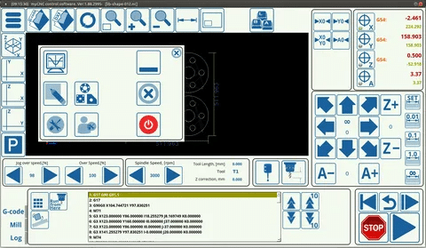 myCNC CNC software showing digital controls, spindle settings, and G-code preview