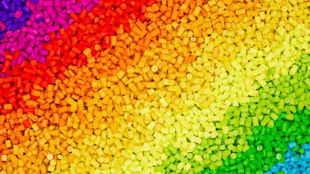 Close-up of rainbow-colored plastic pellets for injection mold design