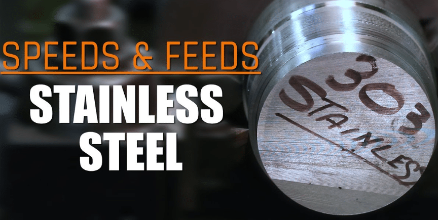 Stainless steel round stock with label next to text Speeds and Feeds