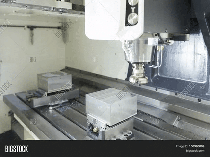 Workpieces clamped on a vertical CNC machining center table