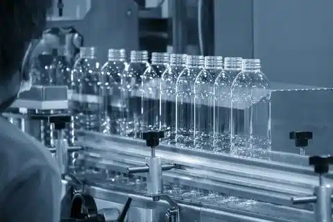 Transparent plastic bottles on an automated production line