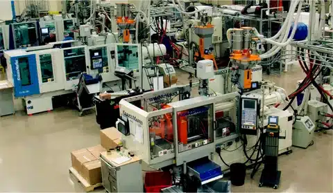 Plastic injection molding machines in a manufacturing factory