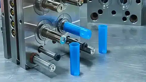 Plastic mold showing blue polymer parts during production process