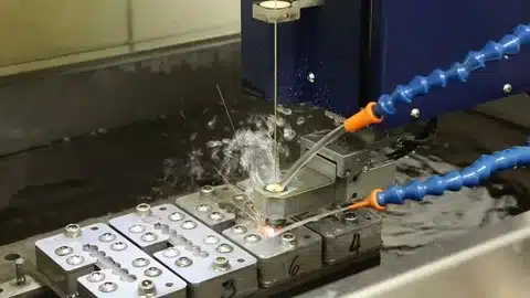 Wire EDM machine cutting metal with precision sparks and water flushing