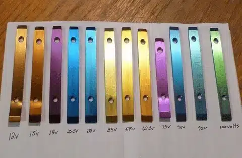 Aluminum test strips showing color variations during sulfuric anodizing at different voltages.