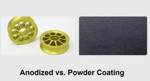 Example showing matte anodized aluminum vs glossy powder coated aluminum surface.