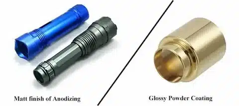 Two metal components showing surface differences, one with a matt anodized finish in blue and grey and the other with a glossy gold powder coated finish
