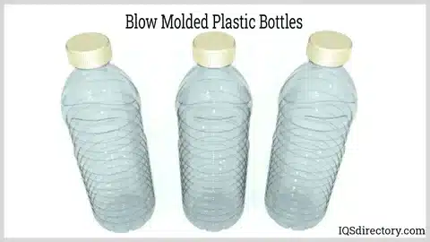 Three transparent PET plastic bottles produced through blow molding process.