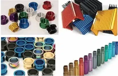 Assorted aluminum parts treated with hard anodized coating in different colors.