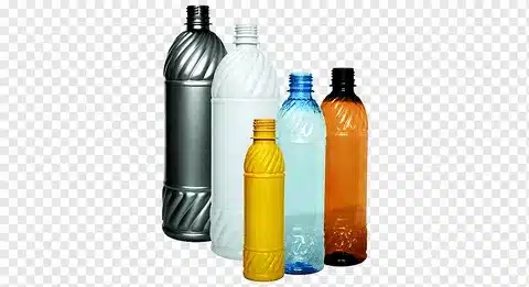 Different colored PET plastic bottles used in packaging and beverage industry.