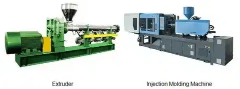 Comparison image of extrusion machine and injection molding machine for plastic manufacturing.