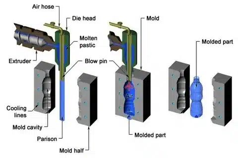 Extrusion blow molding process showing molten plastic parison inflated with air inside mold to produce hollow plastic containers.
