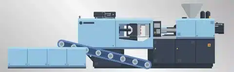 Illustration of an injection molding machine used in plastic production with mold and conveyor system.
