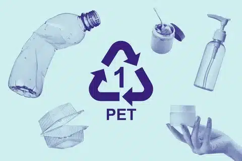 PET recycling code with transparent bottles, jars, and containers made from PET plastic.