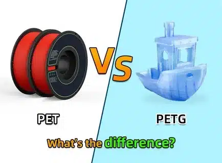 PET filament spool on one side and PETG printed 3D object on the other highlighting performance differences.