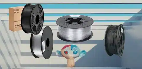 Different PETG spools and printed 3D model showing PETG applications in printing.