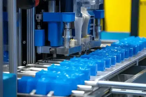Close-up of injection molding machinery manufacturing identical blue plastic products on an assembly line.