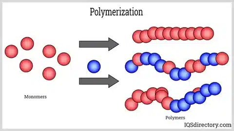 Illustration of polymerization process where red and blue monomers join into long polymer chains.