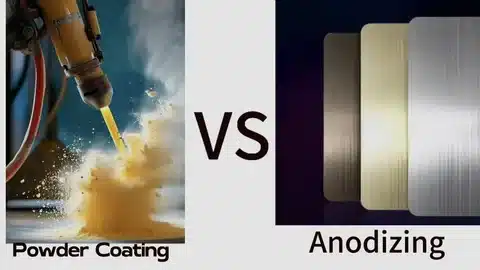 Powder coating process applying orange finish to aluminum parts.