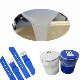 Liquid silicone injection molding material with finished parts like straps and seals.