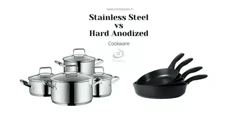 Stainless steel cookware set compared with hard anodized frying pans.