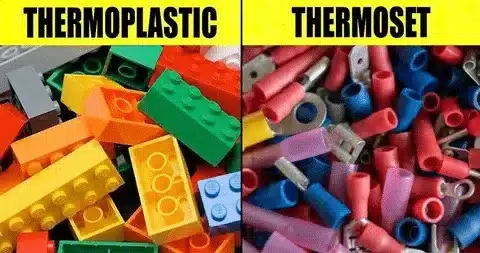 Image comparing thermoplastic items such as Lego bricks with thermoset items like electrical connectors, showing practical material differences.