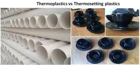 Side-by-side photo comparing thermoplastic PVC pipes with thermosetting plastic cups and dishes.