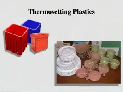 Image showing thermosetting plastics including red and blue containers, and kitchenware like plates, cups, and bowls.
